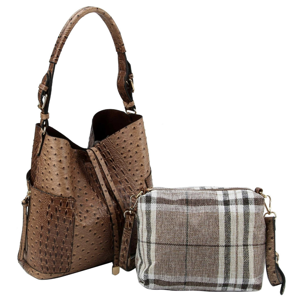 Light Brown Ostrich Plaid Pouch Bag Set