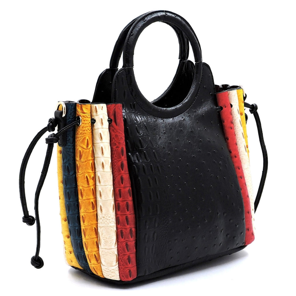 Black Ostrich Patchwork Stripe Bag Set