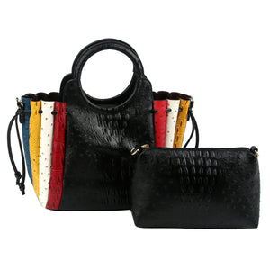 Black Ostrich Patchwork Stripe Bag Set