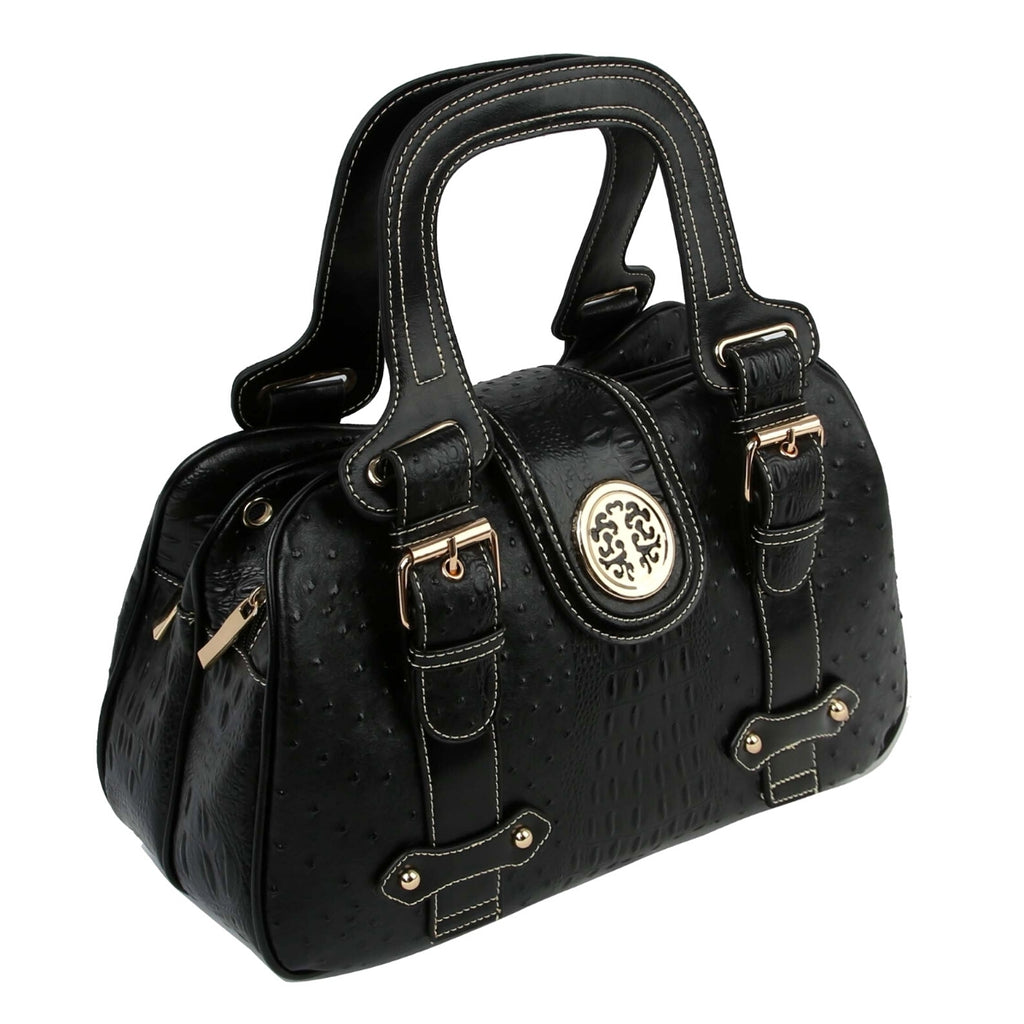 Black Ostrich Buckle Satchel Bag