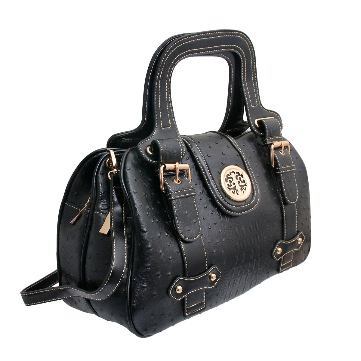 Black Ostrich Buckle Satchel Bag