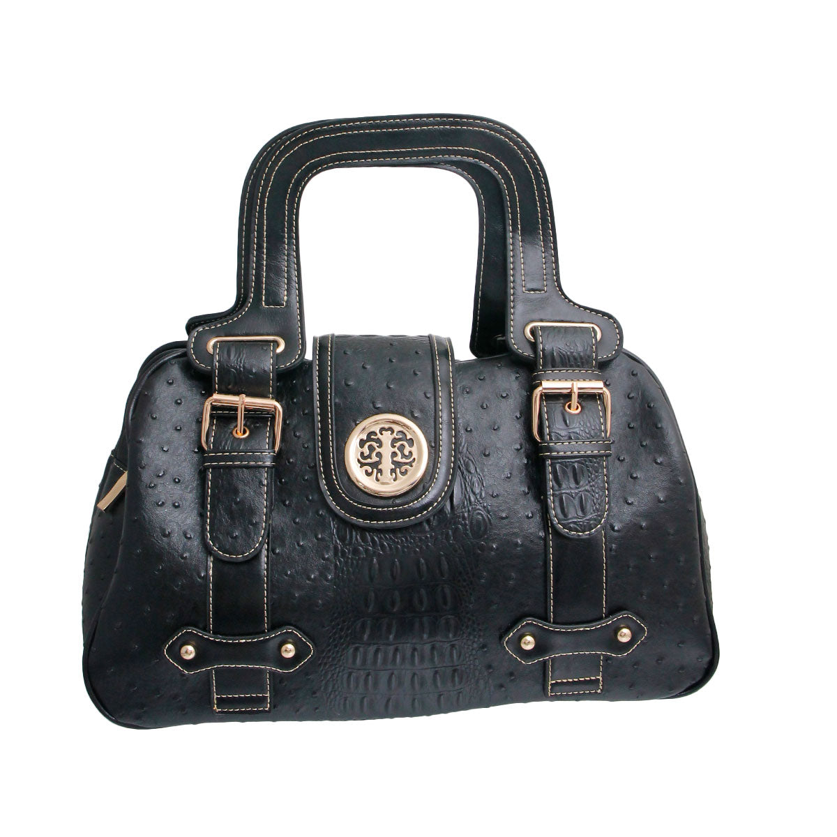 Black Ostrich Buckle Satchel Bag