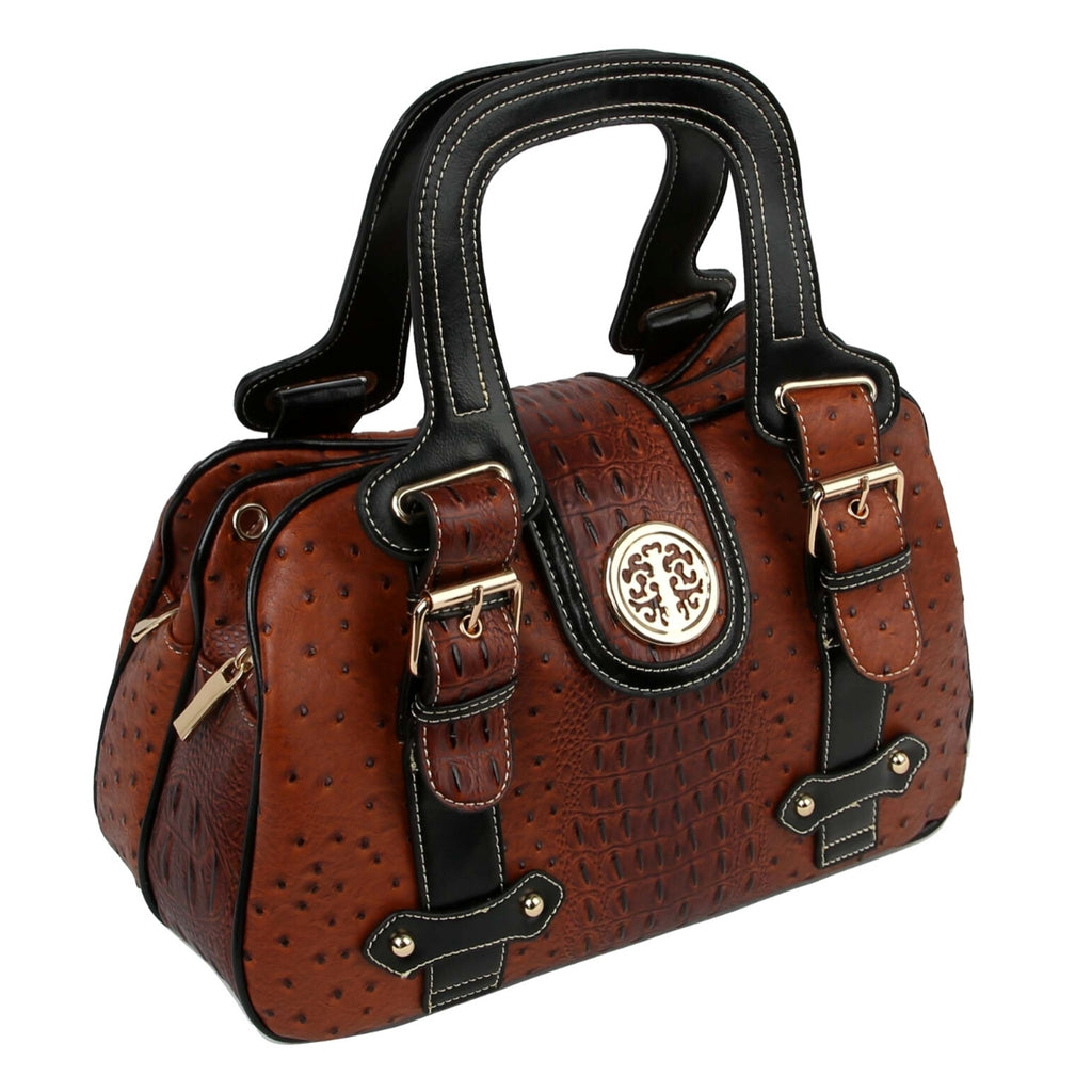 Brown Ostrich Buckle Satchel Bag
