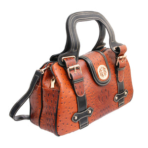 Brown Ostrich Buckle Satchel Bag