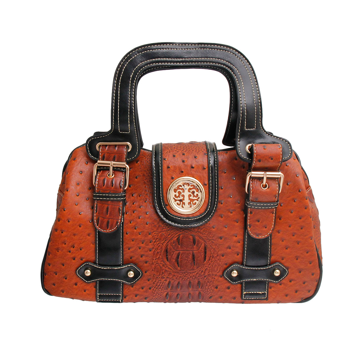 Brown Ostrich Buckle Satchel Bag