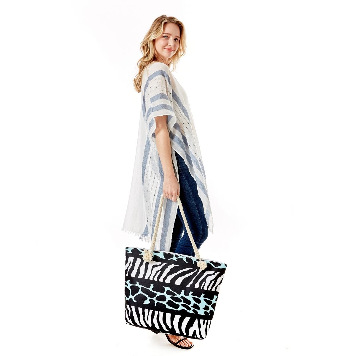 White and Aqua Animal Print Beach Tote