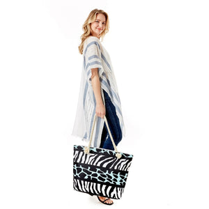 White and Aqua Animal Print Beach Tote