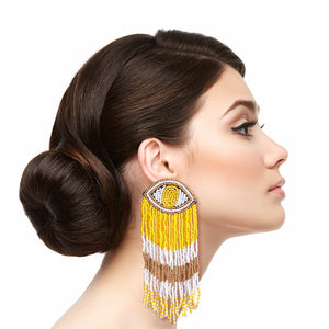 Yellow Seed Bead Evil Eye Fringe Earrings