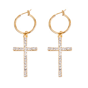 Gold Pave Rhinestone Cross Baby Hoop Earrings