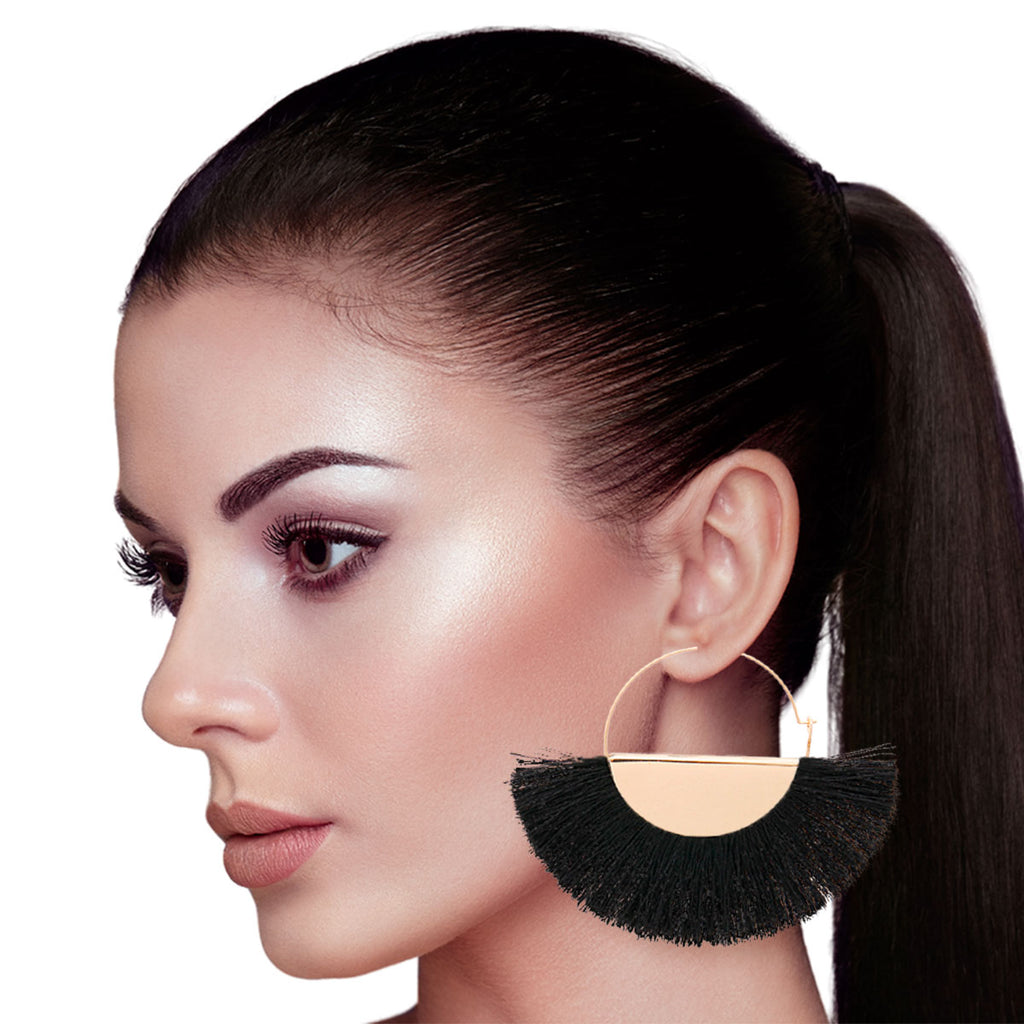 Black Fan Tassel Hoops