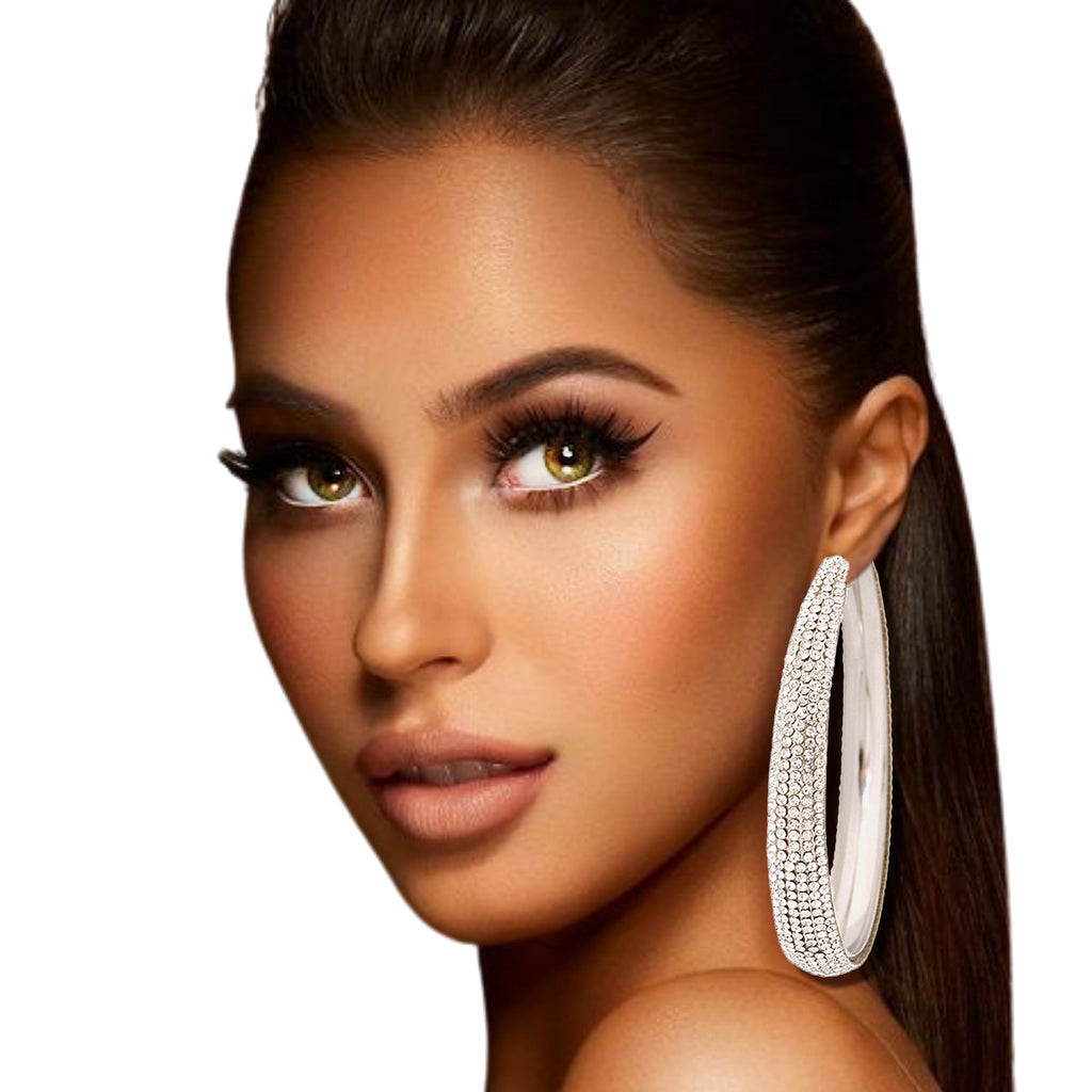 Silver Rhinestone Lines Gold Hoops