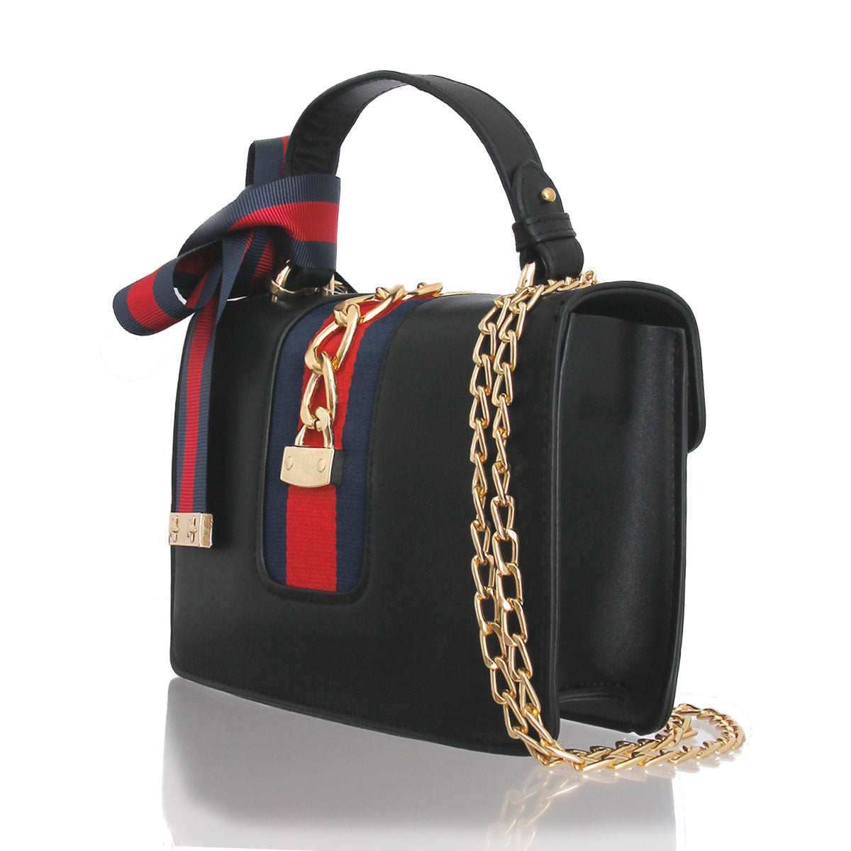 Black Designer Stripe Ribbon Satchel