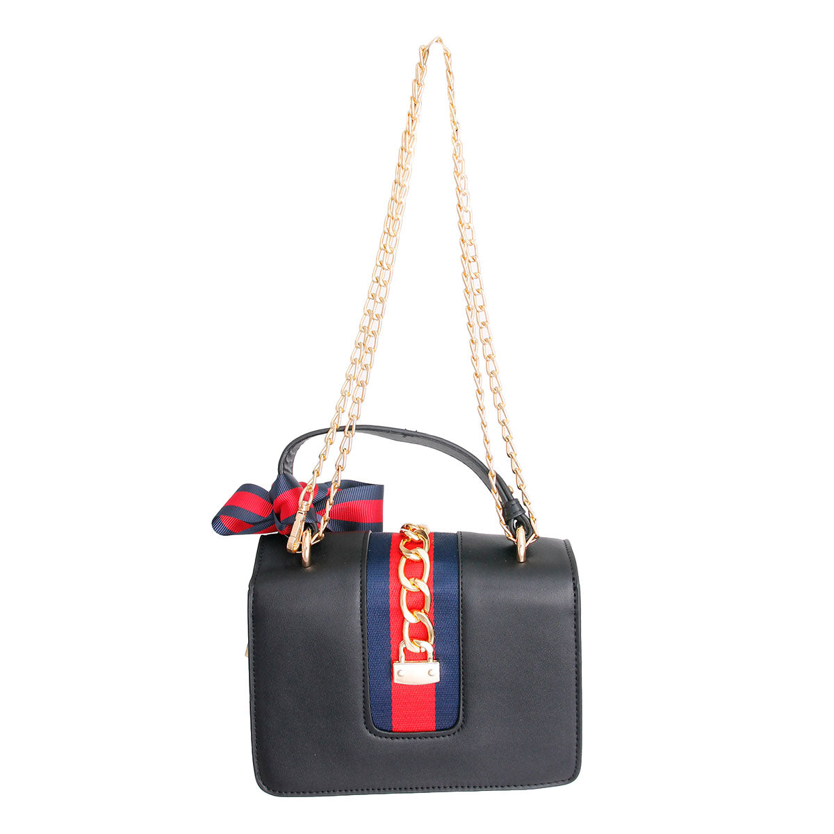 Black Designer Stripe Ribbon Satchel