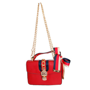 Red Designer Stripe Ribbon Satchel