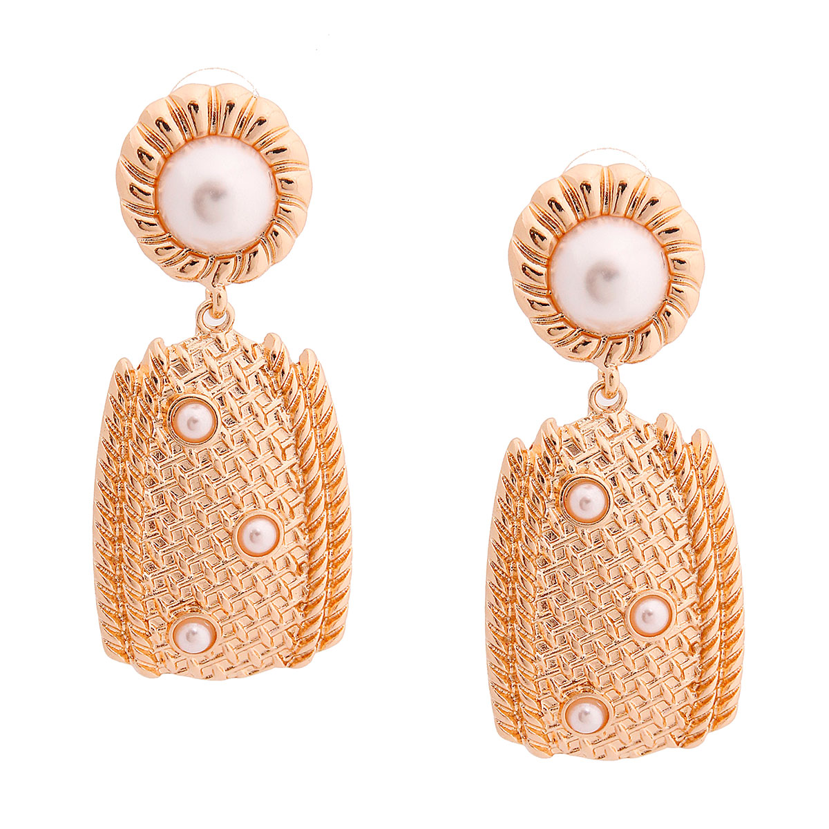Gold Weave Metal Pearl Earrings