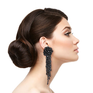 Black Glass Bead Ball Fringe Earrings