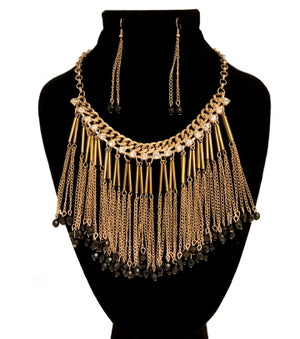 Gold Chain with Rhinestones, Black Beads and Chain Fringe Necklace Set