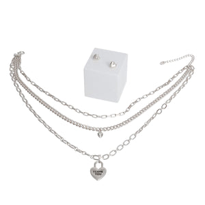 Silver 3 Layer Chain Locked Heart Necklace