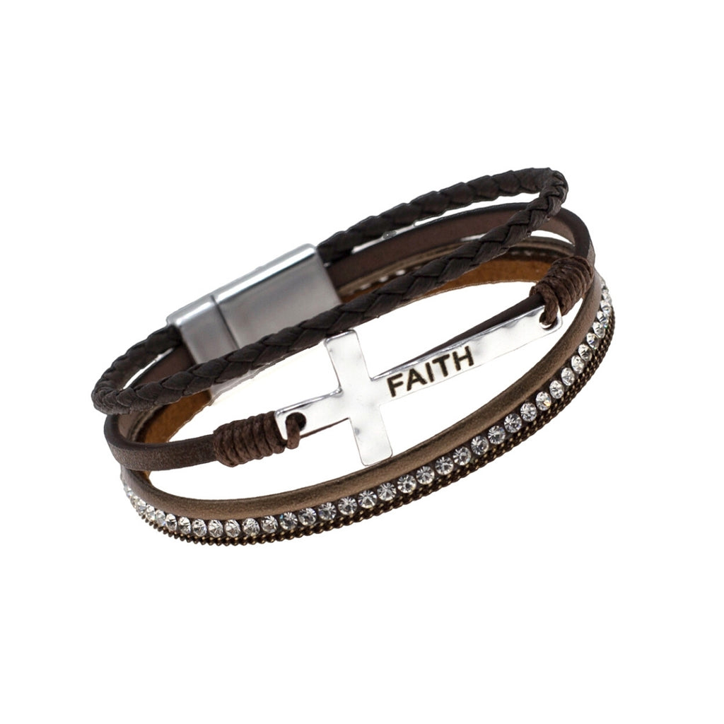 Brown Leather Silver Cross Bracelet