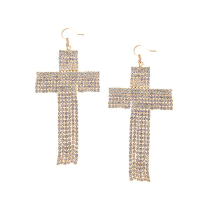 Rhinestone Cross Fringe Gold Earrings