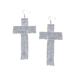 Rhinestone Cross Fringe Silver Earrings