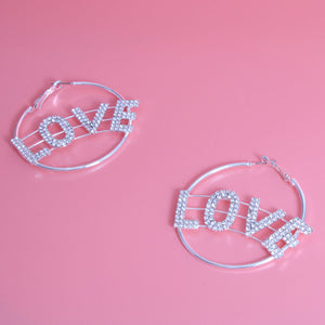 Rhinestone LOVE Silver Hoops