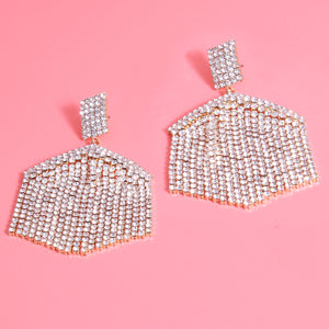 Gold Hexagon Rhinestone Fringe Earrings