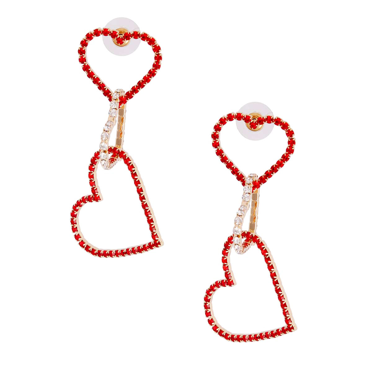 Red Rhinestone Triple Heart Earrings