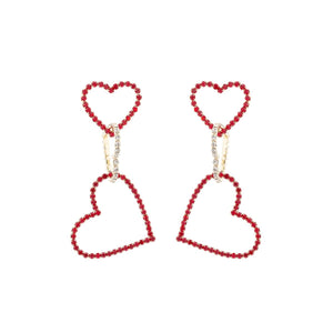 Red Rhinestone Triple Heart Earrings