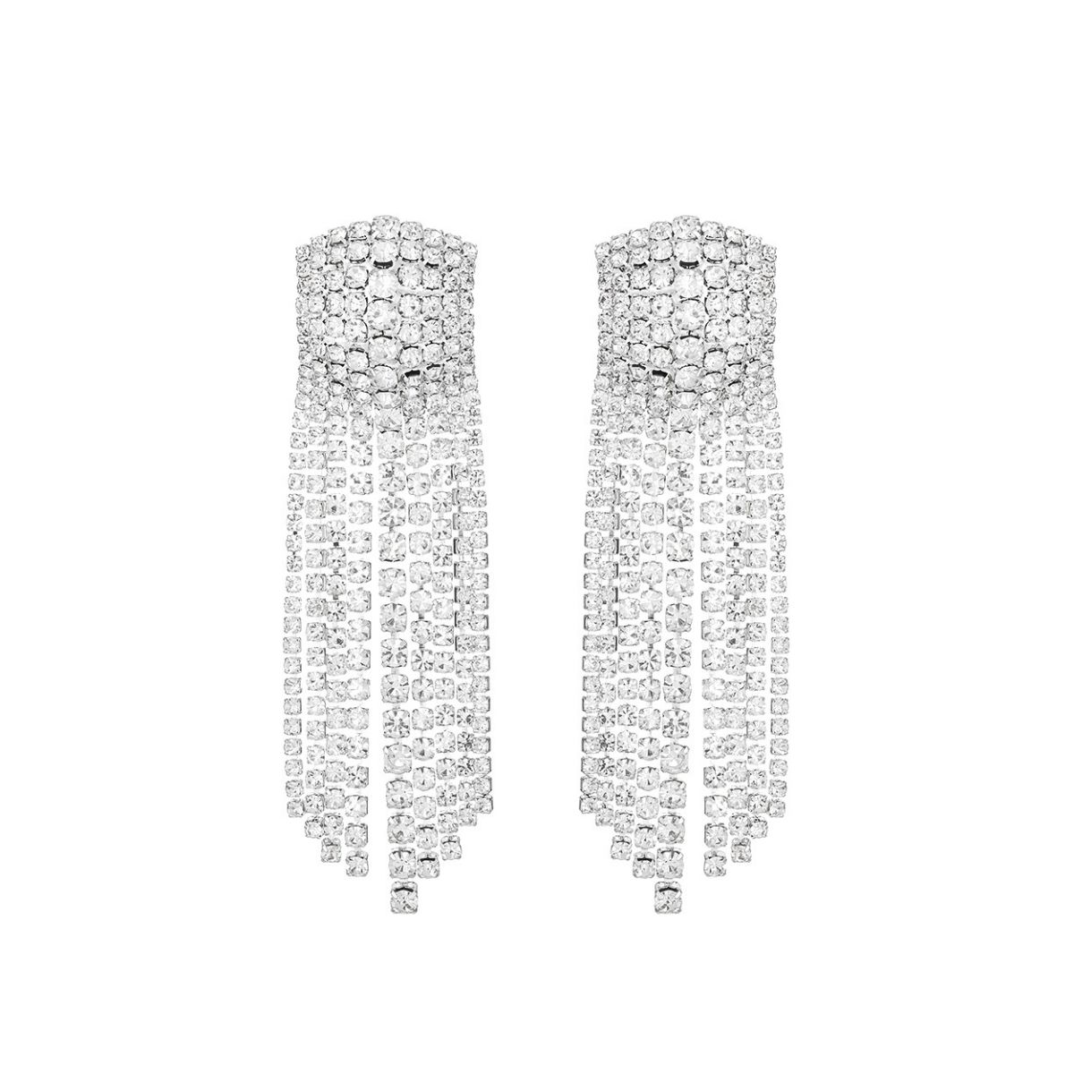 Silver Rectangle Iced Fringe Earrings