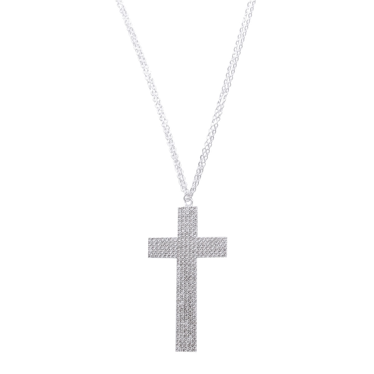 Silver Pave Cross Double Chain Necklace