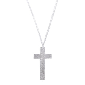 Silver Pave Cross Double Chain Necklace