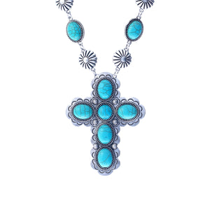 Turquoise Stone Silver Cross Necklace