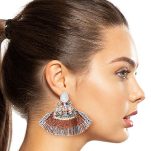 Multi Crystal Fan Tassel Earrings