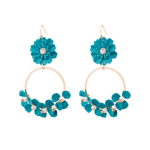Aqua Flower and Gold Drop Hoop Earrings