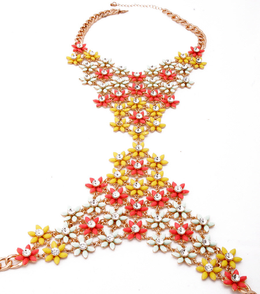 Pastel Flower and Rhinestone Choker Body Chain