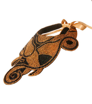 Leather Backed Black and Gold Bead Swirl Bib Necklace