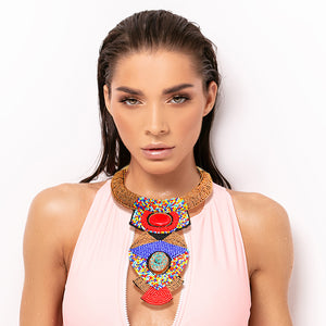 Multi Color Bead Raised Collar Long Bib Necklace Set