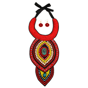 Black and Red Beaded Bib Necklace Set