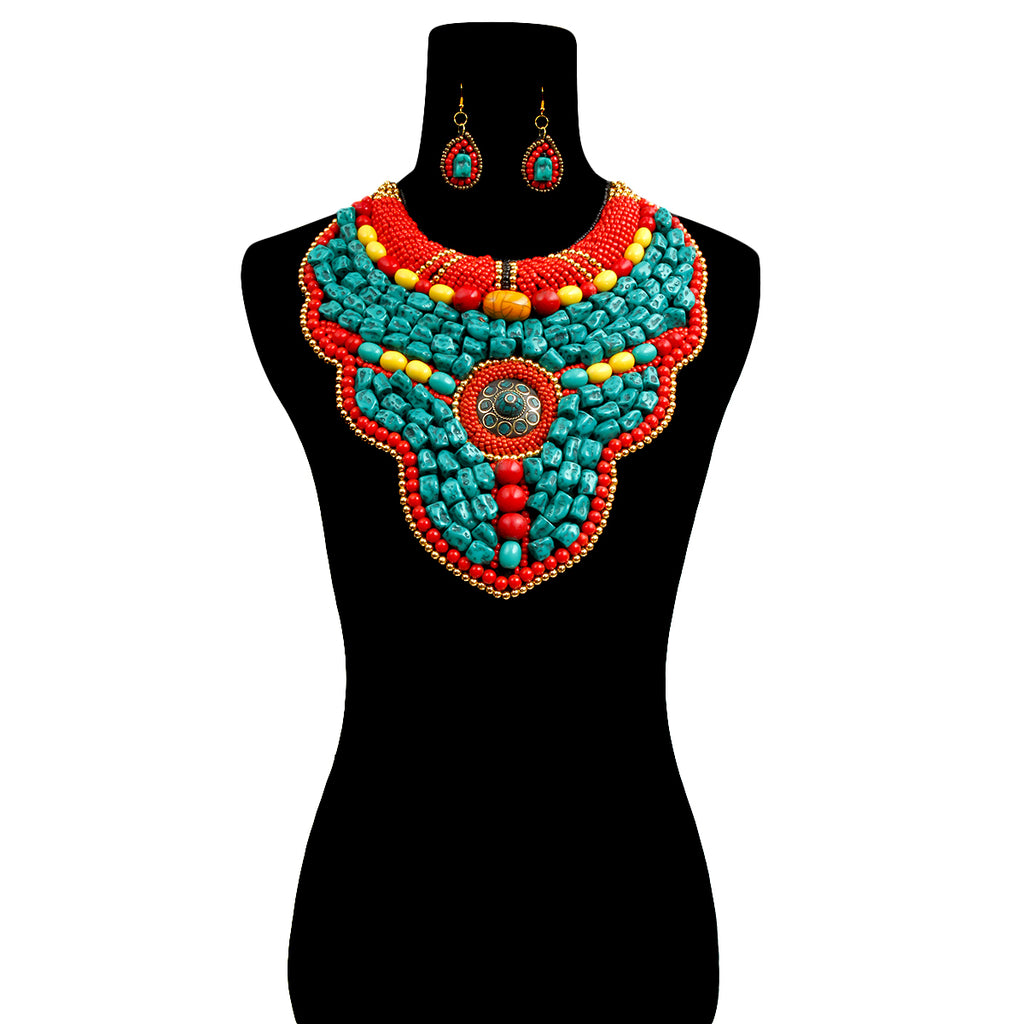 Turquoise and Multi Color Stone Bead Raised Collar Bib Necklace Set