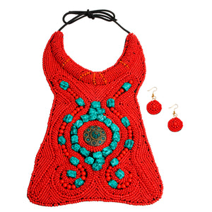 Red and Turquoise Bead Raised Collar Long Bib Necklace Set