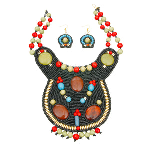 Black Bead Bib Necklace Set with Green and Red Bead Collar and Detail