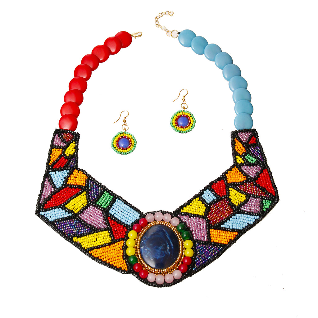 Rainbow Beaded Collar Bib Necklace Set Featuring Beaded Neckline