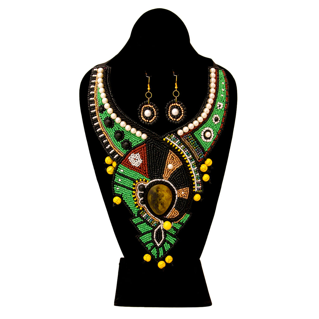 Green and Black Bead Bib Necklace Set with Pearl Detail